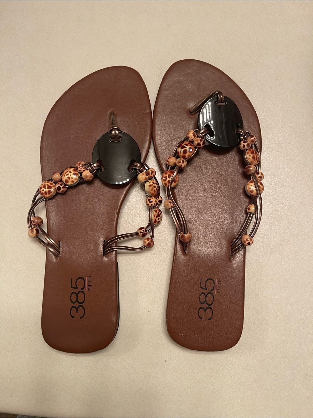 385 Fifth Brown Beaded T-Strap Sandals with Decorative Accents